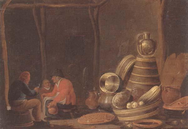 Jan Spanjaert A barn interor with peasants drinking and smoking beside a collection of kitchen utensils oil painting picture